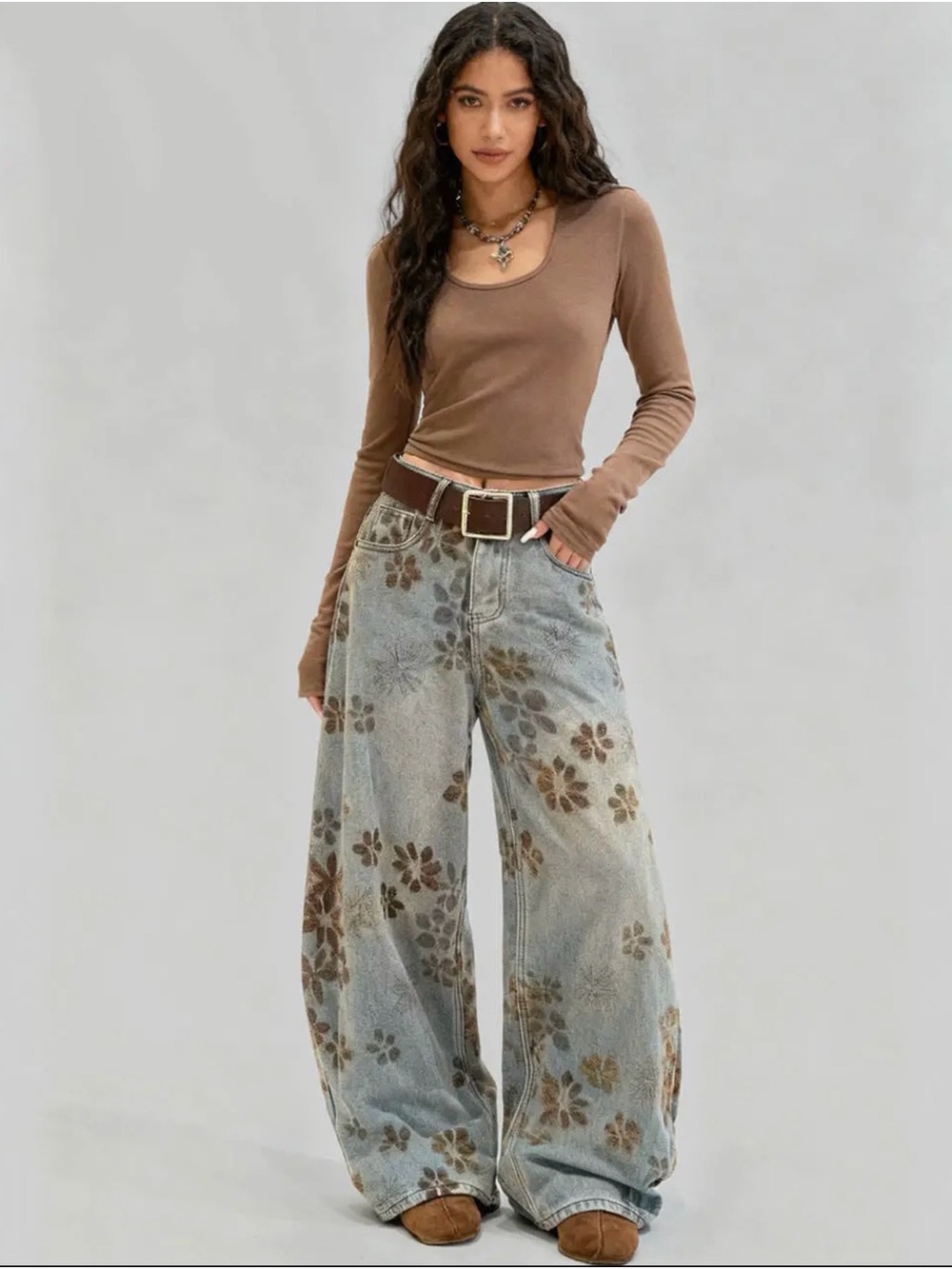 Fleece Lined Wide Leg Floral Print Denim Jeans in Light Blue and Brown